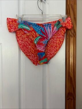 Red Tropical Print Women's reversible Swim bikini bottoms with Floral Accent